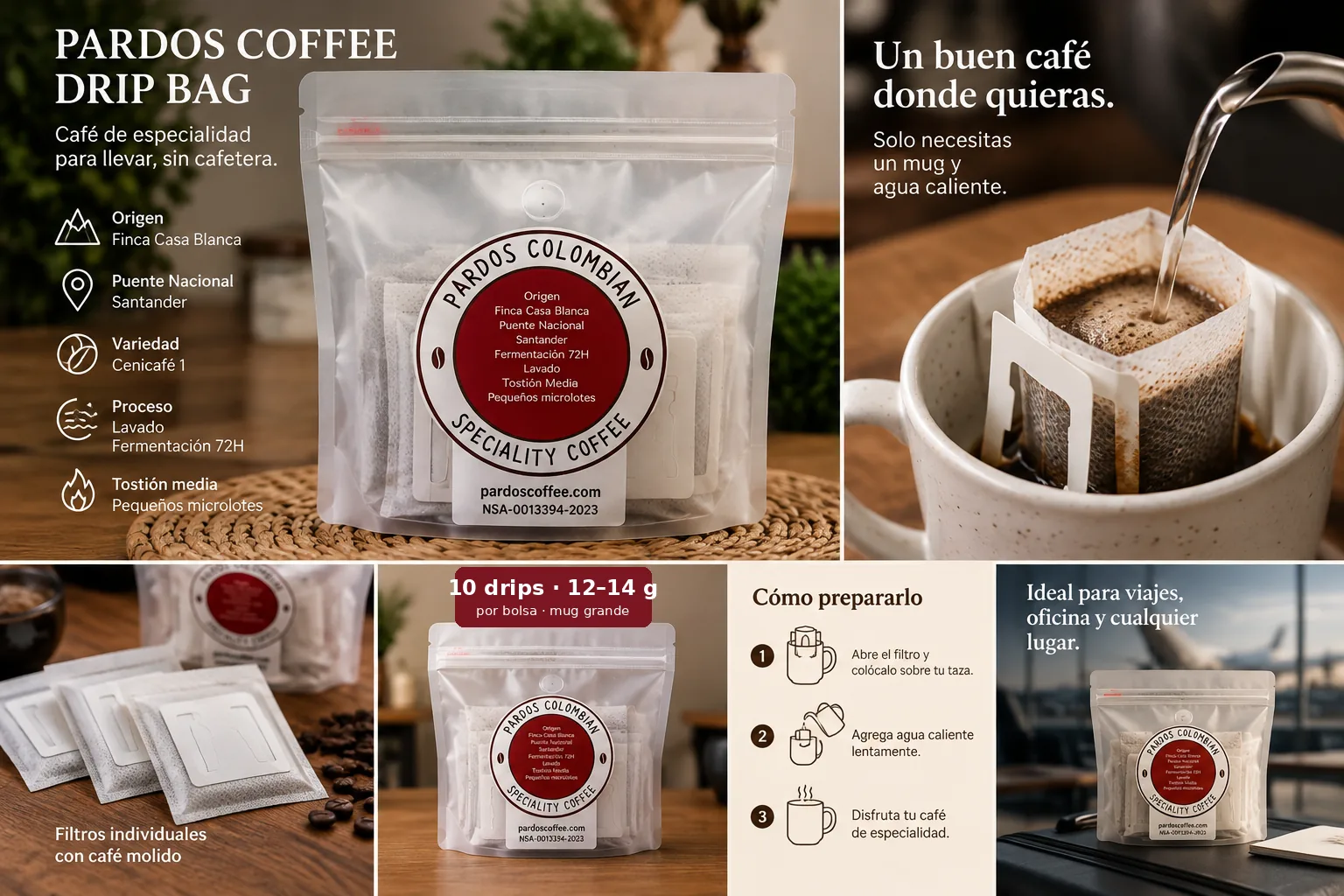 Pardos Coffee Drip Bag: café de especialidad de Finca Casa Blanca para preparar en el mug